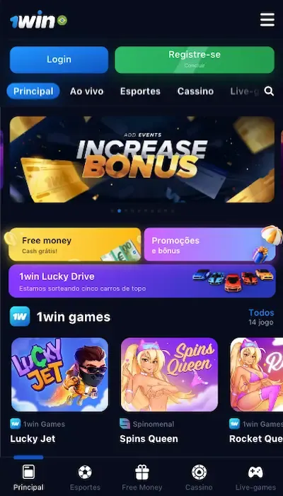 Lobby principal do aplicativo móvel 1win para o Brasil